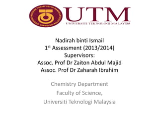 Nadirah binti Ismail
1st Assessment (2013/2014)
Supervisors:
Assoc. Prof Dr Zaiton Abdul Majid
Assoc. Prof Dr Zaharah Ibrahim
Chemistry Department
Faculty of Science,
Universiti Teknologi Malaysia

 