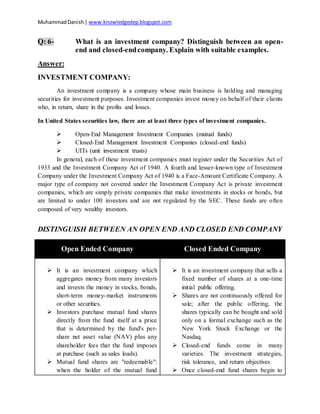 MuhammadDanish| www.knowledgedep.blogspot.com
Q: 6- What is an investment company? Distinguish between an open-
end and closed-endcompany. Explain with suitable examples.
Answer:
INVESTMENT COMPANY:
An investment company is a company whose main business is holding and managing
securities for investment purposes. Investment companies invest money on behalf of their clients
who, in return, share in the profits and losses.
In United States securities law, there are at least three types of investment companies.
 Open-End Management Investment Companies (mutual funds)
 Closed-End Management Investment Companies (closed-end funds)
 UITs (unit investment trusts)
In general, each of these investment companies must register under the Securities Act of
1933 and the Investment Company Act of 1940. A fourth and lesser-known type of Investment
Company under the Investment Company Act of 1940 is a Face-Amount Certificate Company. A
major type of company not covered under the Investment Company Act is private investment
companies, which are simply private companies that make investments in stocks or bonds, but
are limited to under 100 investors and are not regulated by the SEC. These funds are often
composed of very wealthy investors.
DISTINGUISH BETWEEN AN OPEN END AND CLOSED END COMPANY
Open Ended Company Closed Ended Company
 It is an investment company which
aggregates money from many investors
and invests the money in stocks, bonds,
short-term money-market instruments
or other securities.
 Investors purchase mutual fund shares
directly from the fund itself at a price
that is determined by the fund's per-
share net asset value (NAV) plus any
shareholder fees that the fund imposes
at purchase (such as sales loads).
 Mutual fund shares are "redeemable":
when the holder of the mutual fund
 It is an investment company that sells a
fixed number of shares at a one-time
initial public offering.
 Shares are not continuously offered for
sale; after the public offering, the
shares typically can be bought and sold
only on a formal exchange such as the
New York Stock Exchange or the
Nasdaq.
 Closed-end funds come in many
varieties. The investment strategies,
risk tolerance, and return objectives
 Once closed-end fund shares begin to
 