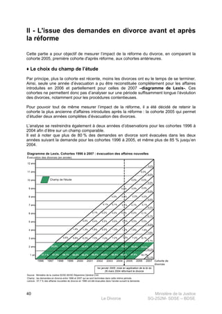 Ministère de la Justice
Le Divorce SG-2S2M- SDSE – BDSE100
40
II - L'issue des demandes en divorce avant et après
la réforme
Cette partie a pour objectif de mesurer l’impact de la réforme du divorce, en comparant la
cohorte 2005, première cohorte d'après réforme, aux cohortes antérieures.
♦ Le choix du champ de l’étude
Par principe, plus la cohorte est récente, moins les divorces ont eu le temps de se terminer.
Ainsi, seule une année d’évacuation a pu être reconstituée complètement pour les affaires
introduites en 2006 et partiellement pour celles de 2007 –diagramme de Lexis-. Ces
cohortes ne permettent donc pas d’analyser sur une période suffisamment longue l’évolution
des divorces, notamment pour les procédures contentieuses.
Pour pouvoir tout de même mesurer l’impact de la réforme, il a été décidé de retenir la
cohorte la plus ancienne d'affaires introduites après la réforme : la cohorte 2005 qui permet
d’étudier deux années complètes d’évacuation des divorces.
L’analyse se restreindra également à deux années d’observations pour les cohortes 1996 à
2004 afin d’être sur un champ comparable.
Il est à noter que plus de 80 % des demandes en divorce sont évacuées dans les deux
années suivant la demande pour les cohortes 1996 à 2005, et même plus de 85 % jusqu’en
2004.
Diagramme de Lexis. Cohortes 1996 à 2007 : évacuation des affaires nouvelles
Evacuation des divorces (en année)
12 ans
11 ans
10 ans
9 ans
8 ans
7 ans
6 ans
5 ans
4 ans
3 ans
2 ans
1 an
1996 1997 1998 1999 2000 2001 2002 2003 2004 2005 2006 2007
Lecture : 57,7 % des affaires nouvelles de divorce en 1996 ont été évacuées dans l’année suivant la demande.
Cohorte de
divorces
1er janvier 2005: mise en application de la loi du
26 mars 2004 réformant le divorce
Source : Ministère de la Justice-SDSE-BDSE-Répertoire Général Civil.
Champ : les demandes en divorce entre 1996 et 2007 qui se sont terminées dans cette même période.
59,5%57,3% 59,1% 60,2% 59,6% 58,5% 60,4%58,8%
28,2% 28,9% 25,4%28,4% 27,1%26,6% 28,2%25,1%
5,6% 7,2% 8,1%7,2% 7,2%6,3% 7,0%5,8%
1,4% 1,8% 1,8% 1,9%2,0% 1,9%1,3% 1,8%
0,4% 0,5%0,5% 0,5%0,5% 0,6%0,4%
0,1% 0,2%0,2% 0,1%0,2% 0,2%
0,1% 0,1% 0,1% 0,1%0,1%
23,3%
60,7%57,7 %
25,5%
Champ de l'étude
57,8%
42,3%
10,3%
5,7%
1,6%
0,5%
0,1%
0,0%
0,0% 0,0% 0,0% 0,0%
0,0%
0,0%
0,0%
0,0%
0,0% 0,0%
0,0%
0,0%
0,0%
0,0%
0,0%
7,5%
 