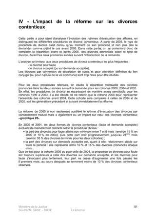 Ministère de la Justice
SG-2S2M- SDSE – BDSE Le Divorce
51
IV - L'impact de la réforme sur les divorces
contentieux
Cette partie a pour objet d’analyser l’évolution des rythmes d’évacuation des affaires, en
distinguant les différentes procédures de divorce contentieux. A partir de 2005, le type de
procédure de divorce n’est connu qu’au moment de son prononcé et non plus dès la
demande, comme c’était le cas avant 2005. Dans cette partie, on se contentera donc de
comparer la répartition avant et après 2005, des divorces prononcés selon le type de
divorce, durant les deux premières années suivant l’introduction de la demande.
L’analyse se limitera aux deux procédures de divorce contentieux les plus fréquentes :
- le divorce pour faute
- le divorce accepté (ou sur demande acceptée).
Les divorces par conversion de séparation de corps et pour altération définitive du lien
conjugal (ou pour rupture de la vie commune) sont trop rares pour être étudiés.
Pour les deux procédures retenues, on étudie la répartition mensuelle des divorces
prononcés dans les deux années suivant la demande, pour les cohortes 2000, 2004 et 2005.
En effet, les procédures de divorce se répartissant de manière assez semblable pour les
cohortes 1996 à 2003, il a été décidé de ne retenir que la cohorte 2000 pour représenter
l’ensemble des cohortes avant 2004. Cette cohorte sera comparée à celles de 2004 et de
2005, soit les générations précédant et suivant immédiatement la réforme.
La réforme de 2005 a non seulement accéléré le rythme d’évacuation des divorces par
consentement mutuel mais a également eu un impact sur celui des divorces contentieux
–graphique 20-.
En 2000 et 2004, les deux formes de divorce contentieux (faute et demande acceptée)
évoluent de manière bien distincte selon la procédure choisie :
• la part des divorces pour faute atteint son minimum entre 7 et 8 mois (environ 15 % en
2000 et 10 % en 2004), puis cette part croit progressivement jusqu’au 24ème
mois
(environ 35 % des divorces terminés pour les deux cohortes) ;
• la part des divorces sur demande acceptée est, quant à elle, relativement stable sur
toute la période : elle représente entre 10 % et 15 % des divorces prononcés chaque
mois.
Que ce soit pour la cohorte 2000 ou pour celle de 2004, la proportion de divorces pour faute
est toujours supérieure à celle des divorces sur demande acceptée, et les divorces pour
faute s’évacuant plus lentement, leur part ne cesse d’augmenter une fois passés les
6 premiers mois, au cours desquels se terminent moins de 10 % des divorces contentieux
observés.
 