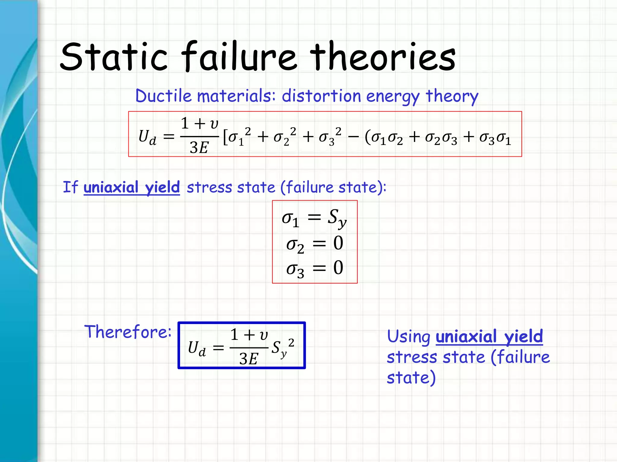 Static failure theories
Ductile materials: distortion energy theory
𝑈 𝑑 =
1 + 𝜐
3𝐸
[𝜎1
2 + 𝜎2
2 + 𝜎3
2 − (𝜎1 𝜎2 + 𝜎2 𝜎3 + 𝜎3 𝜎1
If uniaxial yield stress state (failure state):
𝜎1 = 𝑆 𝑦
𝜎2 = 0
𝜎3 = 0
Therefore:
𝑈 𝑑 =
1 + 𝜐
3𝐸
𝑆 𝑦
2 Using uniaxial yield
stress state (failure
state)
 