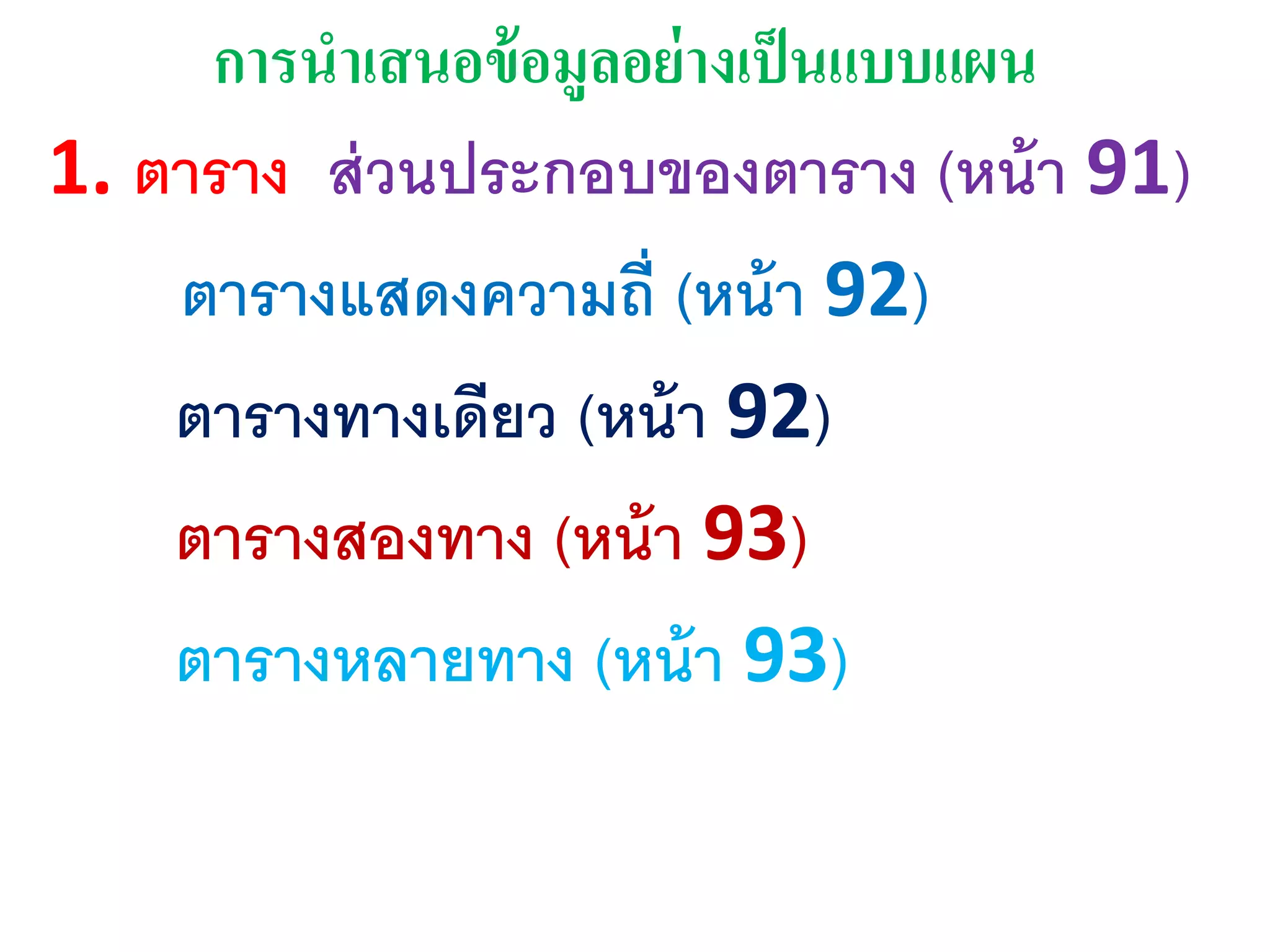 การนาเสนอข้อมูลอย่างเุ็นแบบแผน
1. ตาราง ส่วนประกอบของตาราง (หน้า 91)
ตารางแสดงความถี่ (หน้า 92)
ตารางทางเดียว (หน้า 92)
ตารางสองทาง (หน้า 93)
ตารางหลายทาง (หน้า 93)
 