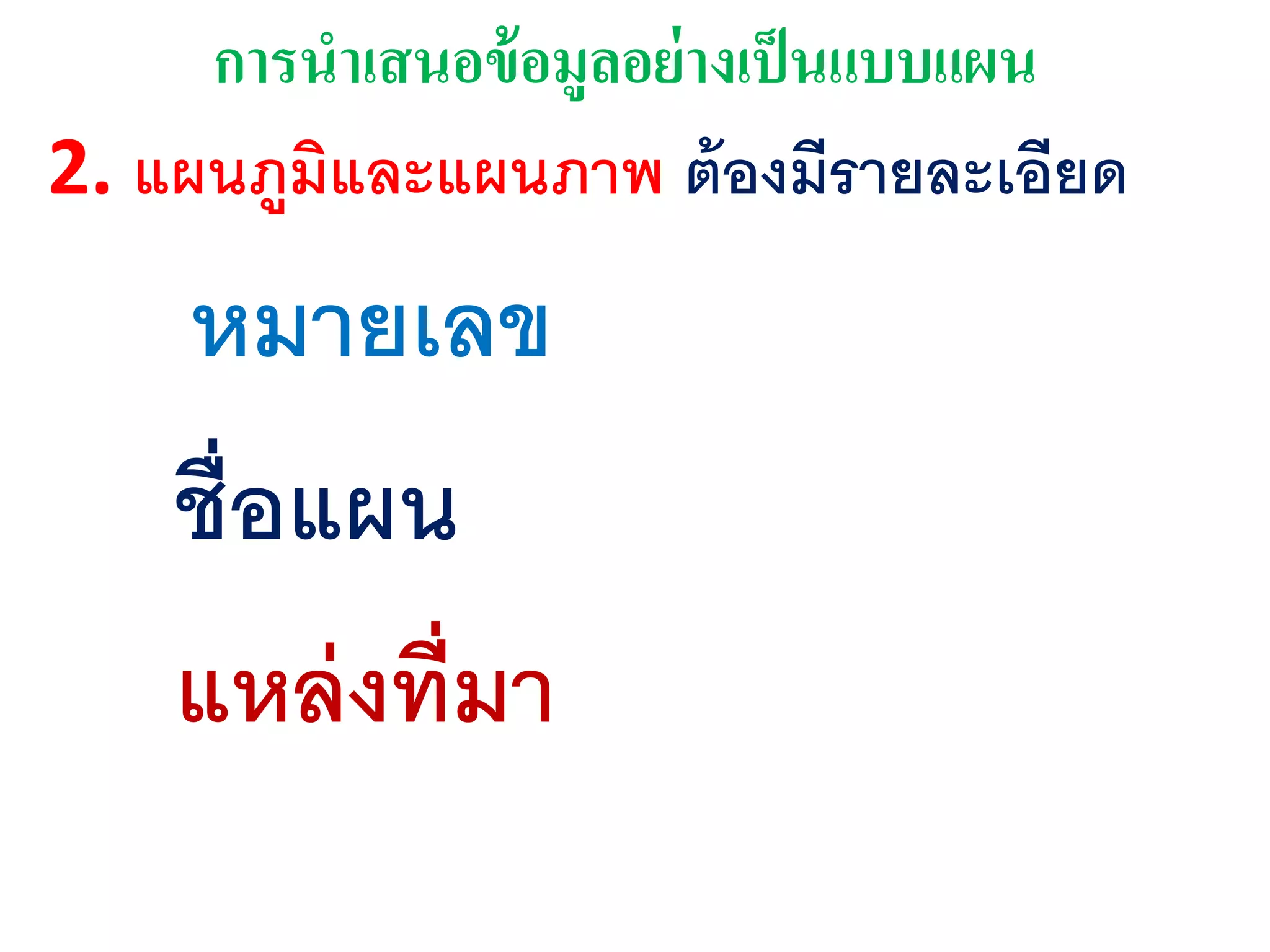 การนาเสนอข้อมูลอย่างเุ็นแบบแผน
2. แผนภูมิและแผนภาพ ต้องมีรายละเอียด
หมายเลข
ชื่อแผน
แหล่งที่มา
 