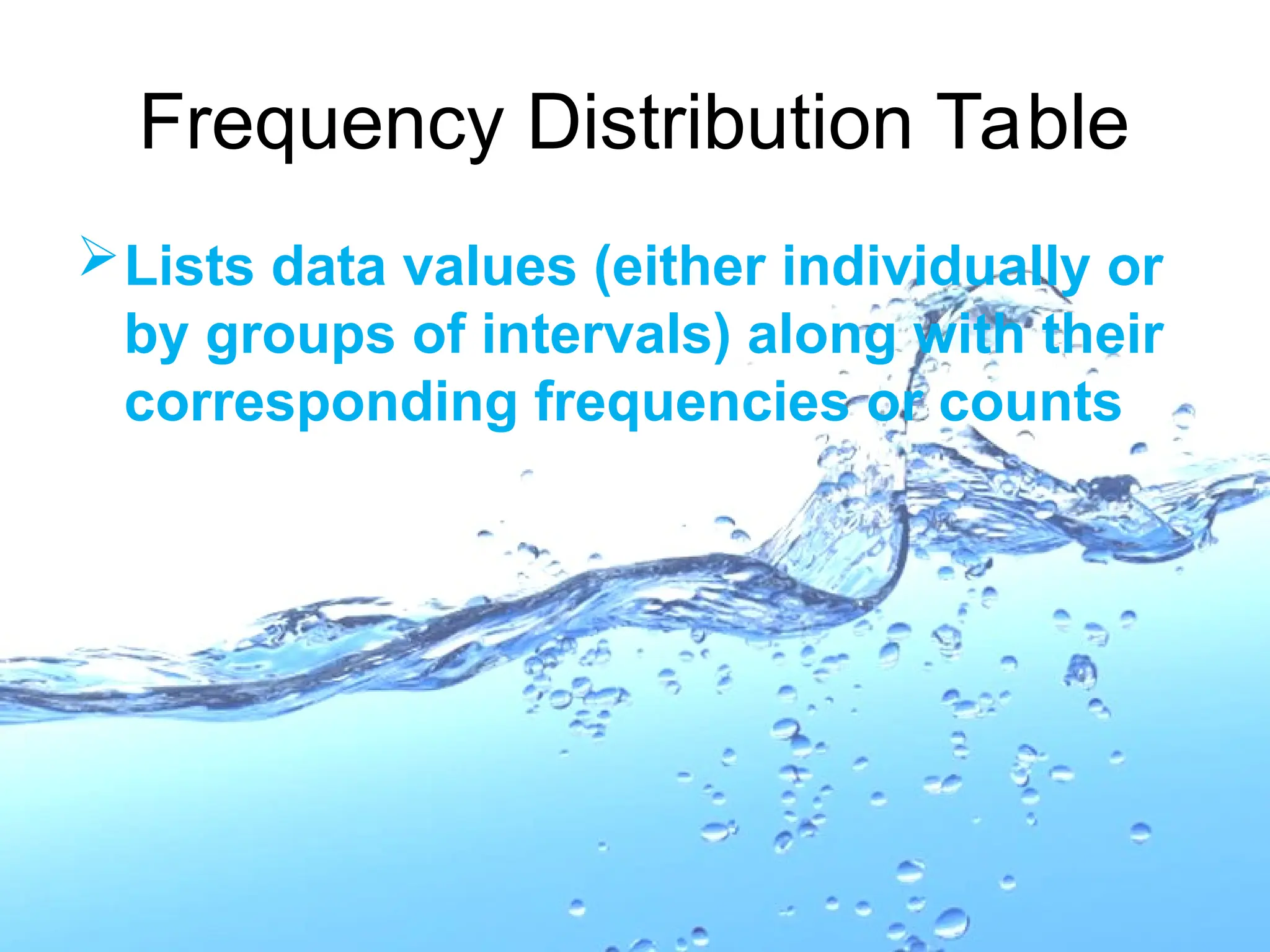 Lists data values (either individually or
by groups of intervals) along with their
corresponding frequencies or counts
Frequency Distribution Table
 