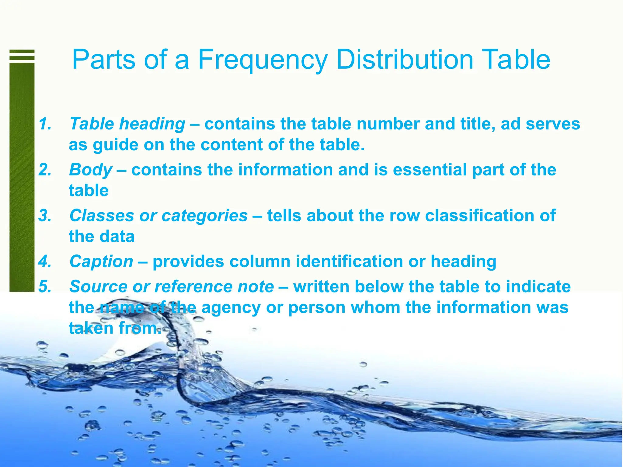 1. Table heading – contains the table number and title, ad serves
as guide on the content of the table.
2. Body – contains the information and is essential part of the
table
3. Classes or categories – tells about the row classification of
the data
4. Caption – provides column identification or heading
5. Source or reference note – written below the table to indicate
the name of the agency or person whom the information was
taken from.
Parts of a Frequency Distribution Table
 