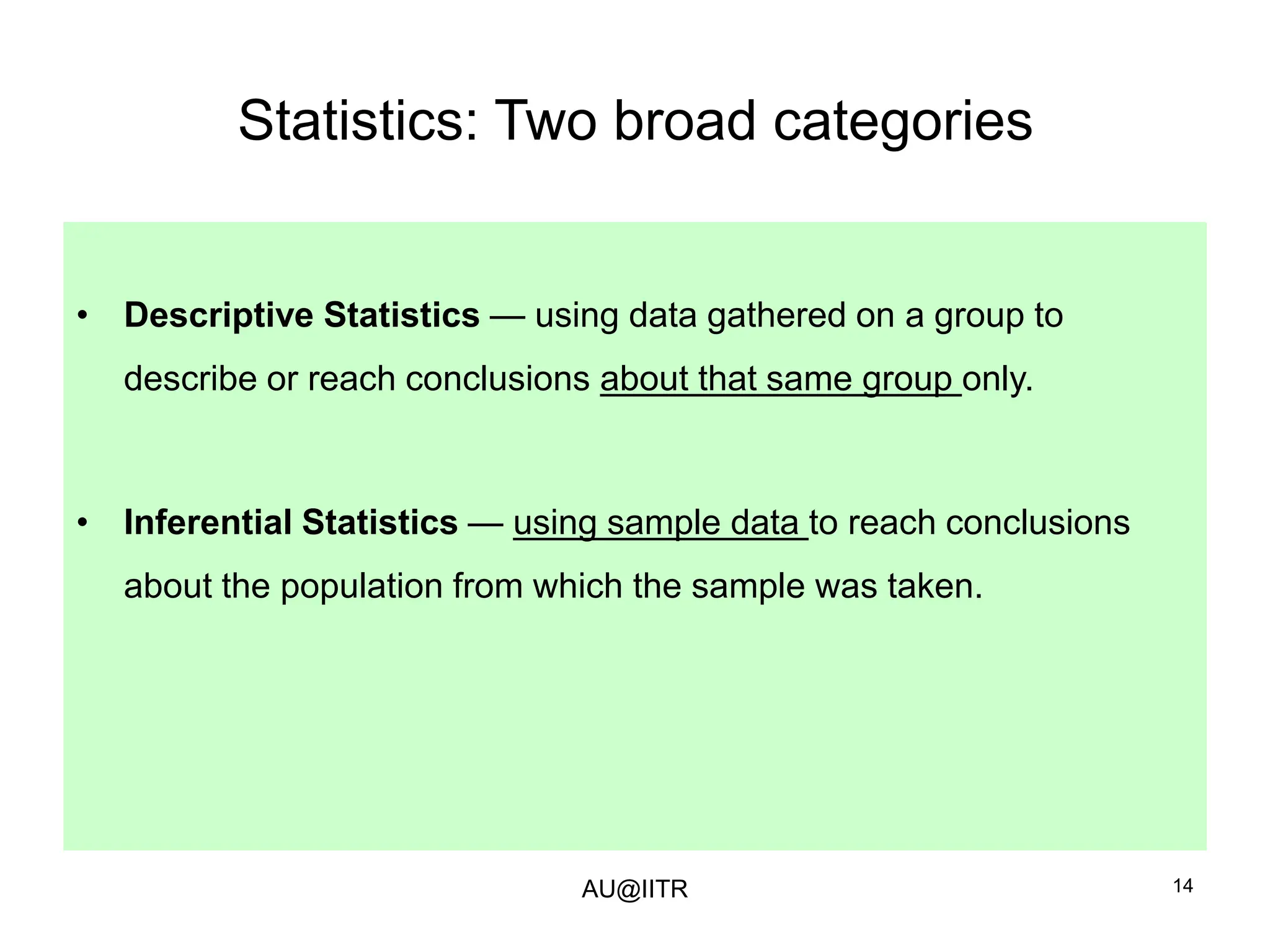 14
Statistics: Two broad categories
• Descriptive Statistics — using data gathered on a group to
describe or reach conclusions about that same group only.
• Inferential Statistics — using sample data to reach conclusions
about the population from which the sample was taken.
AU@IITR
 