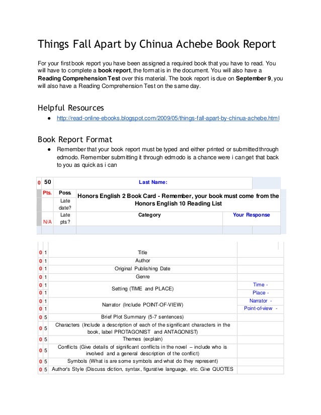 format of book report in english