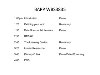 BAPP WBS38351.00pm	Introduction 					Paula 1.20		Defining your topic			Rosemary 1.55		Data Sources & Literature		Paula 2:30		BREAK  2.45		The Learning Diaries			Rosemary 3.20		Insider Researcher 			Paula 3.40		Plenary Q & A				Paula/Peter/Rosemary 4.00		END