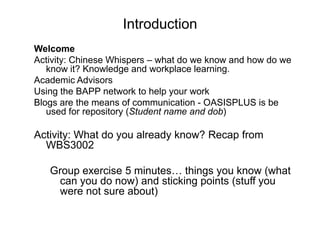 IntroductionWelcomeActivity: Chinese Whispers – what do we know and how do we know it? Knowledge and workplace learning.Academic Advisors Using the BAPP network to help your workBlogs are the means of communication - OASISPLUS is be used for repository (Student name and dob)Activity: What do you already know? Recap from WBS3002Group exercise 5 minutes… things you know (what can you do now) and sticking points (stuff you were not sure about)  