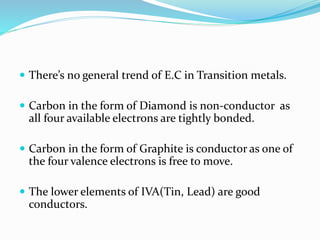  There’s no general trend of E.C in Transition metals.
 Carbon in the form of Diamond is non-conductor as
all four available electrons are tightly bonded.
 Carbon in the form of Graphite is conductor as one of
the four valence electrons is free to move.
 The lower elements of IVA(Tin, Lead) are good
conductors.
 