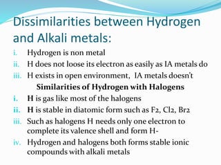 Dissimilarities between Hydrogen
and Alkali metals:
i. Hydrogen is non metal
ii. H does not loose its electron as easily as IA metals do
iii. H exists in open environment, IA metals doesn’t
Similarities of Hydrogen with Halogens
i. H is gas like most of the halogens
ii. H is stable in diatomic form such as F2, Cl2, Br2
iii. Such as halogens H needs only one electron to
complete its valence shell and form H-
iv. Hydrogen and halogens both forms stable ionic
compounds with alkali metals
 