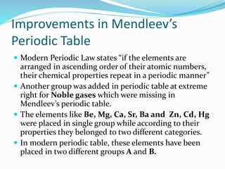 Improvements in Mendleev’s
Periodic Table
 Modern Periodic Law states “if the elements are
arranged in ascending order of their atomic numbers,
their chemical properties repeat in a periodic manner”
 Another group was added in periodic table at extreme
right for Noble gases which were missing in
Mendleev’s periodic table.
 The elements like Be, Mg, Ca, Sr, Ba and Zn, Cd, Hg
were placed in single group while according to their
properties they belonged to two different categories.
 In modern periodic table, these elements have been
placed in two different groups A and B.
 