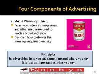 4. Media Planning/Buying
 Television, Internet, magazines,
and other media are used to
reach a broad audience.
 Deciding how to deliver the
message requires creativity.

Principle:
In advertising how you say something and where you say
it is just as important as what you say.
Prentice Hall, © 2009

1-28

 
