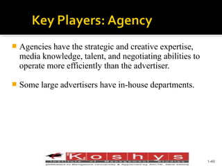 

Agencies have the strategic and creative expertise,
media knowledge, talent, and negotiating abilities to
operate more efficiently than the advertiser.



Some large advertisers have in-house departments.

Prentice Hall, © 2009

1-40

 