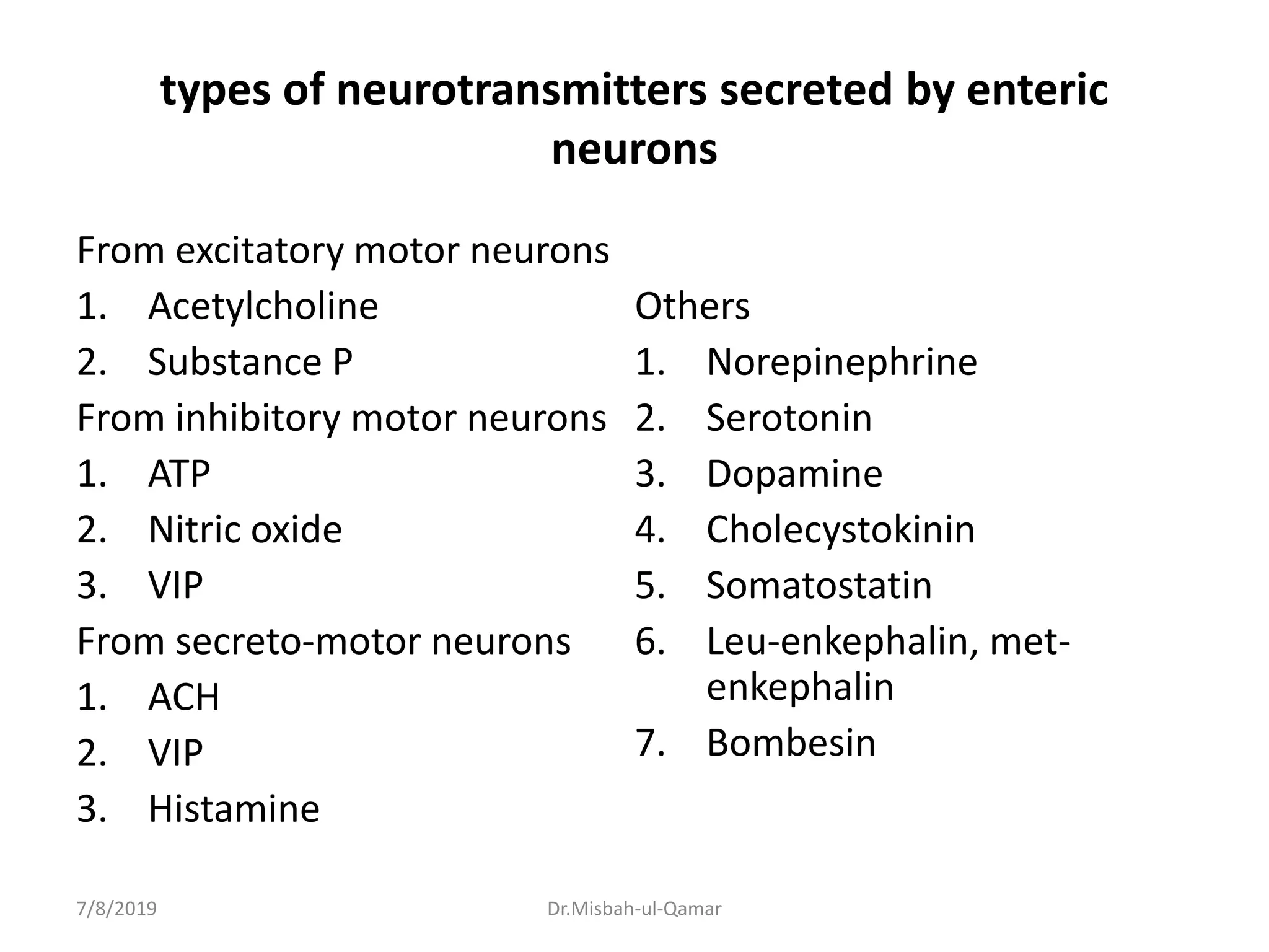 types of neurotransmitters secreted by enteric
neurons
From excitatory motor neurons
1. Acetylcholine
2. Substance P
From inhibitory motor neurons
1. ATP
2. Nitric oxide
3. VIP
From secreto-motor neurons
1. ACH
2. VIP
3. Histamine
Others
1. Norepinephrine
2. Serotonin
3. Dopamine
4. Cholecystokinin
5. Somatostatin
6. Leu-enkephalin, met-
enkephalin
7. Bombesin
7/8/2019 Dr.Misbah-ul-Qamar
 