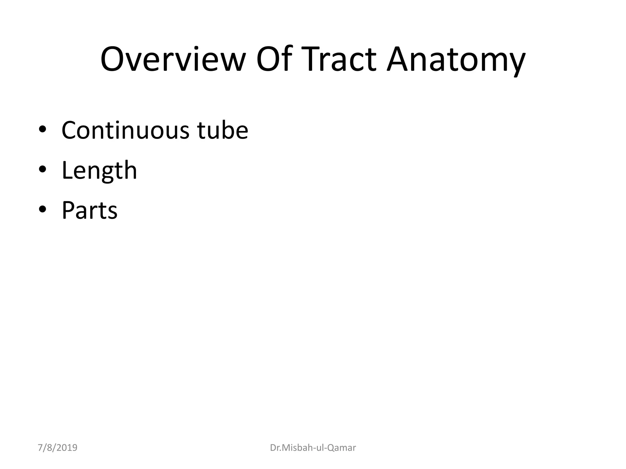 Overview Of Tract Anatomy
• Continuous tube
• Length
• Parts
7/8/2019 Dr.Misbah-ul-Qamar
 