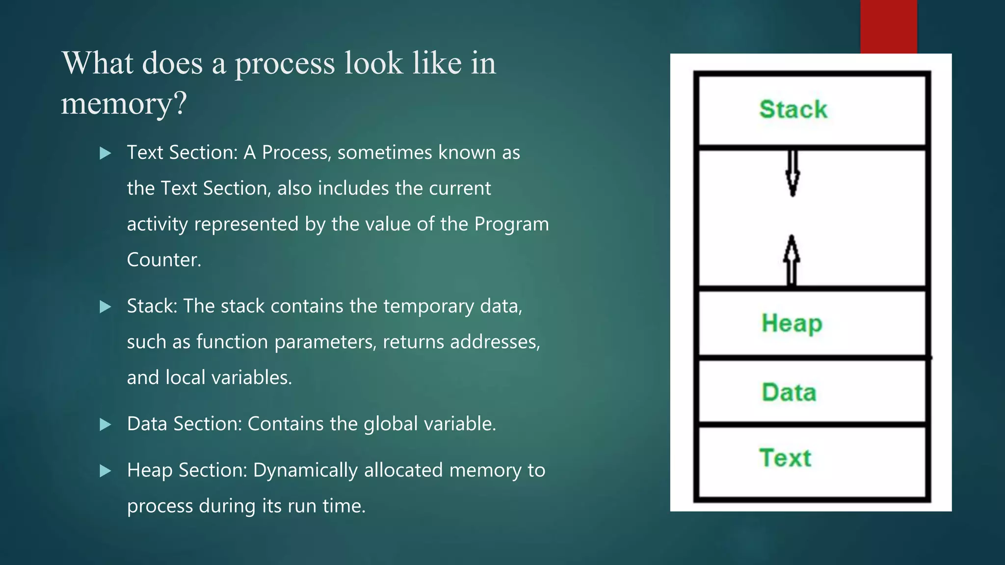 What does a process look like in memory?  Text Section: A Process, sometimes known as the Text Section, also includes the current activity represented by the value of the Program Counter.  Stack: The stack contains the temporary data, such as function parameters, returns addresses, and local variables.  Data Section: Contains the global variable.  Heap Section: Dynamically allocated memory to process during its run time. 