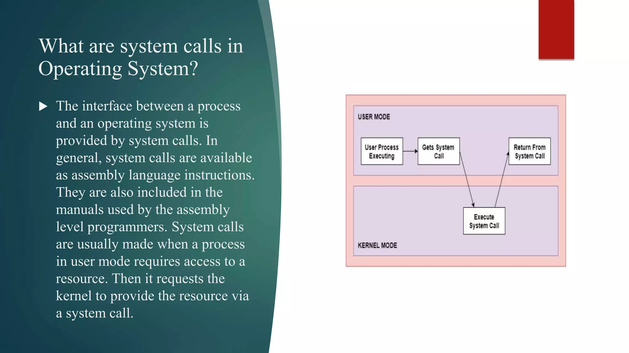 What are system calls in Operating System?  The interface between a process and an operating system is provided by system calls. In general, system calls are available as assembly language instructions. They are also included in the manuals used by the assembly level programmers. System calls are usually made when a process in user mode requires access to a resource. Then it requests the kernel to provide the resource via a system call. 