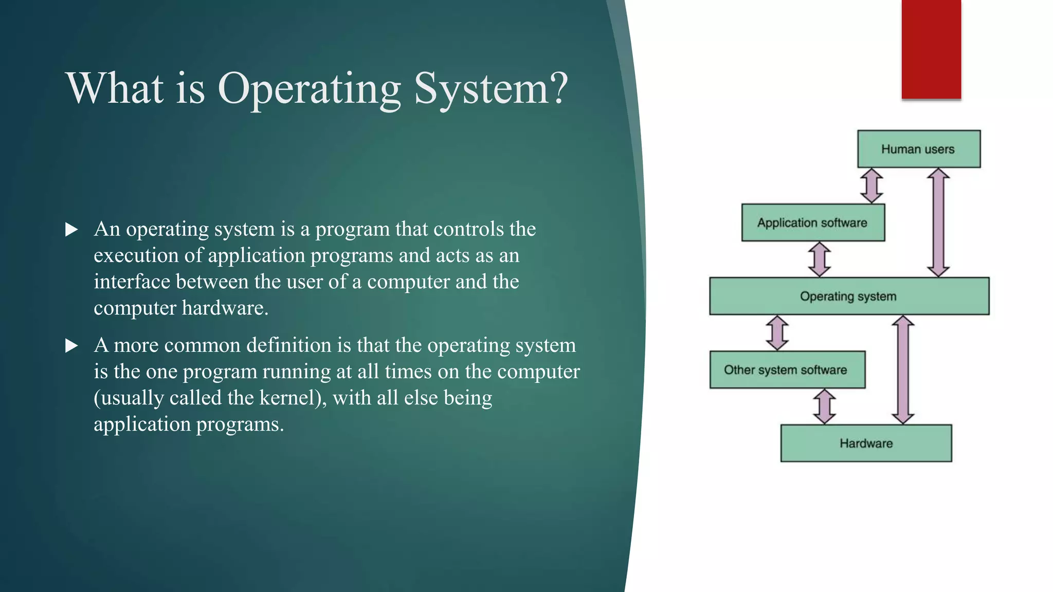 What is Operating System?  An operating system is a program that controls the execution of application programs and acts as an interface between the user of a computer and the computer hardware.  A more common definition is that the operating system is the one program running at all times on the computer (usually called the kernel), with all else being application programs. 