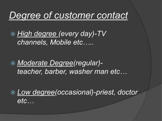 Degree of customer contact
 High degree (every day)-TV
channels, Mobile etc…..
 Moderate Degree(regular)-
teacher, barber, washer man etc…
 Low degree(occasional)-priest, doctor
etc…
 
