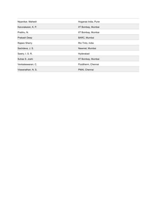 Nipanikar, Mahesh Hoganas India, Pune
Karunakaran, K. P. IIT Bombay, Mumbai
Prabhu, N. IIT Bombay, Mumbai
Prakash Deep BARC, Mumbai
Rajeev Sherry Rio Tinto, India
Sachdeva, J. S. Newmet, Mumbai
Sastry, I. S. R. Hyderabad
Suhas S. Joshi IIT Bombay, Mumbai
Venkateswaran, C. Fluidtherm, Chennai
Viswanathan, N. S. PMAI, Chennai
 