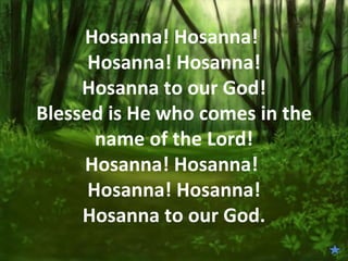 Hosanna! Hosanna!
      Hosanna! Hosanna!
     Hosanna to our God!
Blessed is He who comes in the
       name of the Lord!
     Hosanna! Hosanna!
      Hosanna! Hosanna!
     Hosanna to our God.
 