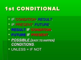1st CONDITIONAL
IF CONDITION, RESULT.
IF PRESENT, FUTURE.
RESULT IF CONDITION.
FUTURE IF PRESENT.
POSSIBLE (EASY TO HAPPEN)
CONDITIONS.
UNLESS = IF NOT

