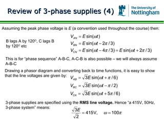 Review of 3-phase supplies (4)

Assuming the peak phase voltage is E (a convention used throughout the course) then:
                                    VAN = E sin(ωt )
  B lags A by 120O, C lags B
                                    VBN = E sin(ωt − 2π / 3)
  by 120O etc
                                    VCN = E sin(ωt − 4π / 3) = E sin(ωt + 2π / 3)
 This is for “phase sequence” A-B-C, A-C-B is also possible – we will always assume
 A-B-C
 Drawing a phasor diagram and converting back to time functions, it is easy to show
 that the line voltages are given by:
                                    VAB = 3E sin(ωt + π / 6)
                                    VBC = 3E sin(ωt − π / 2)
                                    VCA = 3E sin(ωt + 5π / 6)
 3-phase supplies are specified using the RMS line voltage. Hence “a 415V, 50Hz,
 3-phase system” means:
                                       3E
                                          = 415 V,     ω = 100π
                                        2
 