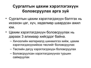 Сургалтын цахим хэрэглэгэхүүн боловсруулах арга зүй Сургалтын цахим хэрэглэгдэхүүн бэлтгэх нь ихээхэн цаг, хүч, хөдөлмөр шаардсан ажил юм. Цахим хэрэглэгдэхүүн боловсруулах нь дараах 3 алхмаар хийгддэг байна.  Хичээлийн материалд шинжилгээ хийж, цахим хэрэглэгдэхүүнийхээ төслийг боловсруулах Төслийн дагуу хэрэглэгдэхүүн боловсруулах Боловсруулсан хэрэглэгдэхүүнээ туршин сайжруулах 