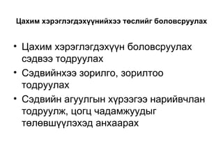 Цахим хэрэглэгдэхүүнийхээ төслийг боловсруулах Цахим хэрэглэгдэхүүн боловсруулах сэдвээ тодруулах Сэдвийнхээ зорилго, зорилтоо тодруулах Сэдвийн агуулгын хүрээгээ нарийвчлан тодруулж, цогц чадамжуудыг төлөвшүүлэхэд анхаарах 