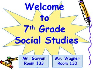 Welcome
to
7th
Grade
Social Studies
Mr. Garren
Room 133
Mr. Wagner
Room 130
 