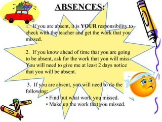 1. If you are absent, it is YOUR responsibility to
check with the teacher and get the work that you
missed.
2. If you know ahead of time that you are going
to be absent, ask for the work that you will miss.
You will need to give me at least 2 days notice
that you will be absent.
3. If you are absent, you will need to do the
following:
• Find out what work you missed.
• Make up the work that you missed.
ABSENCES:
 