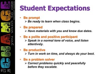 Student Expectations
• Be prompt
 Be ready to learn when class begins.
• Be prepared
 Have materials with you and know due dates.
• Be a polite and positive participant
 Speak in a normal tone of voice, and listen
attentively.
• Be productive
 Turn in work on time, and always do your best.
• Be a problem solver
 Correct problems quickly and peacefully
before they escalate.
 