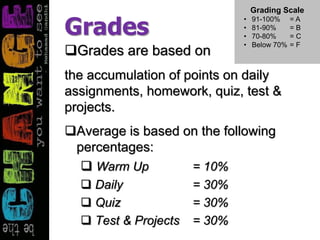 Grades
Grades are based on
the accumulation of points on daily
assignments, homework, quiz, test &
projects.
Average is based on the following
percentages:
 Warm Up = 10%
 Daily = 30%
 Quiz = 30%
 Test & Projects = 30%
Grading Scale
• 91-100% = A
• 81-90% = B
• 70-80% = C
• Below 70% = F
 