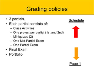 Grading policies
• 3 partials.
• Each partial consists of:
– Class Activities
– One project per partial (1st and 2nd)
– Miniquizes (2)
– One Mid-Partial Exam
– One Partial Exam
• Final Exam
• Portfolio
Schedule
Page 1
 