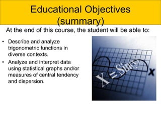 Educational Objectives
(summary)
• Describe and analyze
trigonometric functions in
diverse contexts.
• Analyze and interpret data
using statistical graphs and/or
measures of central tendency
and dispersion.
At the end of this course, the student will be able to:
 