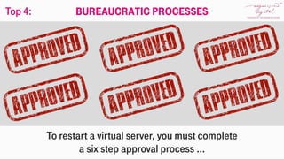 To restart a virtual server, you must complete
a six step approval process ...
Bureaucratic processesTop 4:
 