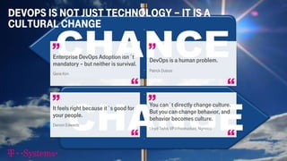 Devops is not just technology – it is a
cultural change
16
Enterprise DevOps Adoption isn´t
mandatory – but neither is survival.
Gene Kim
You can´t directly change culture.
But you can change behavior, and
behavior becomes culture.
Lloyd Taylor, VP Infrastructure, Ngmoco
It feels right because it´s good for
your people.
Damon Edwards
DevOps is a human problem.
Patrick Dubois
 