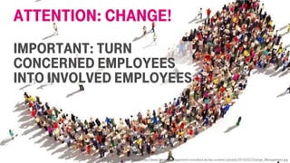 Attention: Change!
Important: turn
concerned employees
into involved employees
Image source: http://www.change-management-consultant.de/wp-content/uploads/2016/02/Change_Management.jpg
 