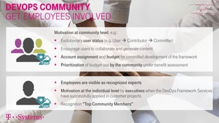 DevOps Community
get employees involved
Motivation at community level, e.g.:
 Evolutionary user status (e.g. User  Contributor  Committer)
 Encourage users to collaborate and generate content
 Account assignment and budget for controlled development of the framework
 Prioritization of budget use by the community under benefit assessment
 Employees are visible as recognized experts
 Motivation at the individual level by executives when the DevOps Framework Services
have successfully applied in customer projects
 Recognition "Top Community Members"
 