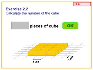 Exercise 2.2 Calculate the number of the cube 1 unit 1 unit pieces of cube OK Hints 