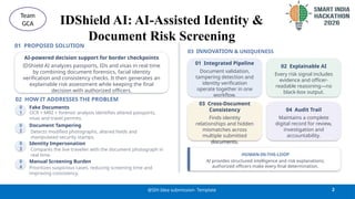 IDShield AI: AI-Assisted Identity &
Document Risk Screening
2
@SIH Idea submission- Template
Team
GCA
01 PROPOSED SOLUTION
AI-powered decision support for border checkpoints
IDShield AI analyzes passports, IDs and visas in real time
by combining document forensics, facial identity
verification and consistency checks. It then generates an
explainable risk assessment while keeping the final
decision with authorized officers.
02 HOW IT ADDRESSES THE PROBLEM
0
1
Fake Documents
OCR + MRZ + forensic analysis identifies altered passports,
visas and travel permits.
0
2
Document Tampering
Detects modified photographs, altered fields and
manipulated security stamps.
0
3
Identity Impersonation
Compares the live traveller with the document photograph in
real time.
0
4
Manual Screening Burden
Prioritizes suspicious cases, reducing screening time and
improving consistency.
03 INNOVATION & UNIQUENESS
01 Integrated Pipeline
Document validation,
tampering detection and
identity verification
operate together in one
workflow.
02 Explainable AI
Every risk signal includes
evidence and officer-
readable reasoning—no
black-box output.
03 Cross-Document
Consistency
Finds identity
relationships and hidden
mismatches across
multiple submitted
documents.
04 Audit Trail
Maintains a complete
digital record for review,
investigation and
accountability.
HUMAN-IN-THE-LOOP
AI provides structured intelligence and risk explanations;
authorized officers make every final determination.
 