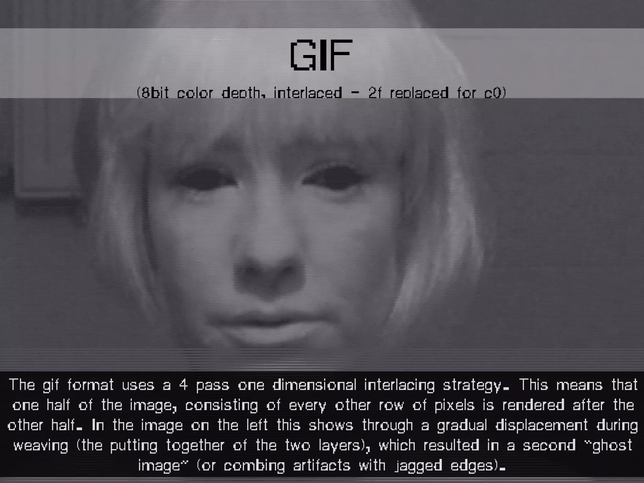 GIF
(8bit color depth, interlaced - 2f replaced for c0)
The gif format uses a 4 pass one dimensional interlacing strategy. This means that
one half of the image, consisting of every other row of pixels is rendered after the
other half. In the image on the left this shows through a gradual displacement during
weaving (the putting together of the two layers), which resulted in a second “ghost
image” (or combing artifacts with jagged edges).
 