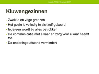 Kluwengezinnen
• Zwakke en vage grenzen
• Het gezin is volledig in zichzelf gekeerd
• Iedereen wordt bij alles betrokken
• De communicatie met elkaar en zorg voor elkaar neemt
toe
• De onderlinge afstand vermindert
module F1/H2: 10 januari 2017
 