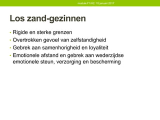 Los zand-gezinnen
• Rigide en sterke grenzen
• Overtrokken gevoel van zelfstandigheid
• Gebrek aan samenhorigheid en loyaliteit
• Emotionele afstand en gebrek aan wederzijdse
emotionele steun, verzorging en bescherming
module F1/H2: 10 januari 2017
 