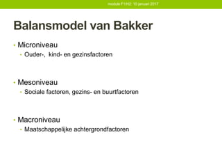 Balansmodel van Bakker
• Microniveau
• Ouder-, kind- en gezinsfactoren
• Mesoniveau
• Sociale factoren, gezins- en buurtfactoren
• Macroniveau
• Maatschappelijke achtergrondfactoren
module F1/H2: 10 januari 2017
 