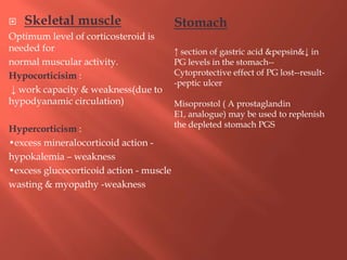  Skeletal muscle
Optimum level of corticosteroid is
needed for
normal muscular activity.
Hypocorticisim :
↓ work capacity & weakness(due to
hypodyanamic circulation)
Hypercorticism :
•excess mineralocorticoid action -
hypokalemia – weakness
•excess glucocorticoid action - muscle
wasting & myopathy -weakness
Stomach
↑ section of gastric acid &pepsin&↓ in
PG levels in the stomach--
Cytoprotective effect of PG lost--result-
-peptic ulcer
Misoprostol ( A prostaglandin
E1, analogue) may be used to replenish
the depleted stomach PGS
 