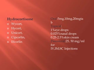 Hydrocortisone
 Wycort,
 Hycort,
 Unicort,
 Cipcorlin,
 Efcorlin
Oral:5mg,10mg,20mgta
b
Topical:
1%eye drops
0.025%nasal drops
0.25-2.5%skin cream
Parenteral:25, 50 mg/ml
for
IV,IM,SC Injections
 