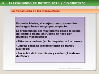 09/11/15 Nicolás Colado Rodríguez. 23
En motocicletas, el conjunto motor-cambio-
embrague forma un grupo compacto.
La transmisión del movimiento desde la salida
del cambio hasta las ruedas se hace por
diversos mecanismos:
•Piñones y cadena (en la mayoría de los casos).
•Correa dentada (característico de Harley
Davidson)
•Por árbol de transmisión y cardan (Paralever
de BMW)
En motocicletas, el conjunto motor-cambio-
embrague forma un grupo compacto.
La transmisión del movimiento desde la salida
del cambio hasta las ruedas se hace por
diversos mecanismos:
•Piñones y cadena (en la mayoría de los casos).
•Correa dentada (característico de Harley
Davidson)
•Por árbol de transmisión y cardan (Paralever
de BMW)
5. transmisiones en motocicletas y ciclomotores.5. transmisiones en motocicletas y ciclomotores.
La transmisión en las motocicletas.La transmisión en las motocicletas.
 