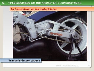 09/11/15 Nicolás Colado Rodríguez. 24
5. transmisiones en motocicletas y ciclomotores.5. transmisiones en motocicletas y ciclomotores.
La transmisión en las motocicletas.La transmisión en las motocicletas.
Transmisión por cadenaTransmisión por cadena
 